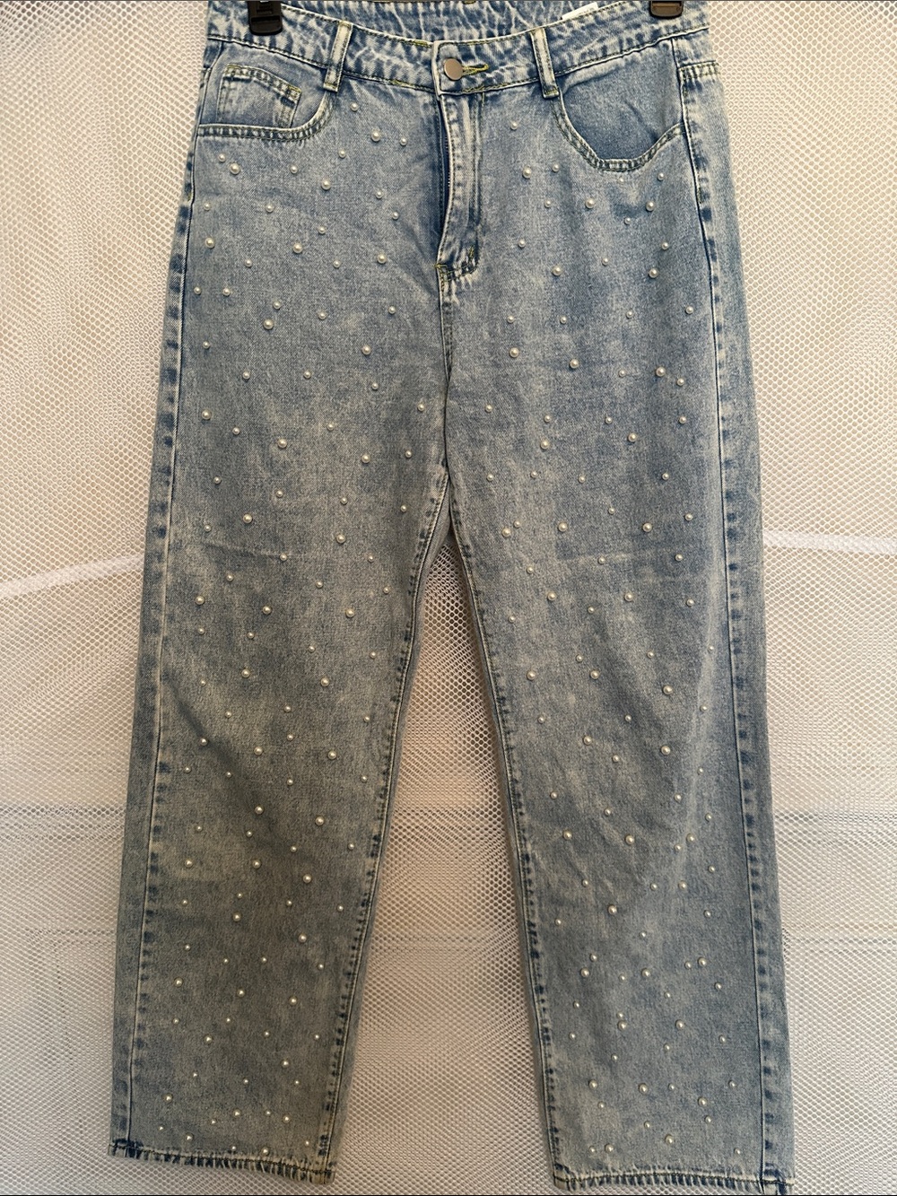 Pearl-Studded Light Wash Denim Jeans